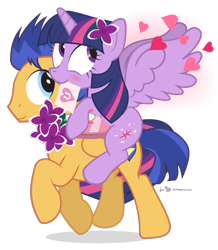 Size: 705x810 | Tagged: safe, artist:dm29, twilight sparkle, twilight sparkle (alicorn), alicorn, pegasus, pony, blushing, bouquet, box of chocolates, duo, eternal thread, flashlight, flower, flower in hair, heart, holiday, mouth hold, ponies riding ponies, shipping, straight, valentine's day