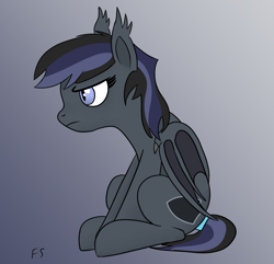 Size: 700x676 | Tagged: safe, artist:flyingsaucer, oc, oc:sable shield, bat pony, grumpy, mare, sitting