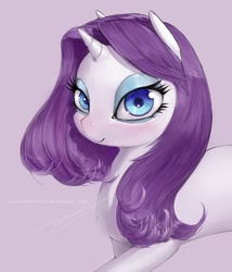 Size: 749x873 | Tagged: safe, artist:saurabhinator, rarity, pony, unicorn, bust, lidded eyes, looking at you, loose hair, mare, portrait, signature, simple background, smiling, solo