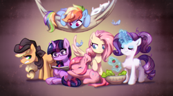 Size: 1800x1000 | Tagged: safe, artist:jumblehorse, applejack, fluttershy, pinkie pie, rainbow dash, rarity, twilight sparkle, earth pony, pegasus, pony, unicorn, blonde, bowl, crying, cutie mark, eyes closed, feather, food, freckles, glasses, hat, mane six, multicolored hair, raised hoof, salad, tail, teeth, telekinesis, tomato