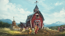 Size: 1920x1080 | Tagged: safe, artist:huussii, apple bloom, applejack, big macintosh, granny smith, earth pony, pony, apple family, forest, mountain range, scenery porn, signature, smiling, sweet apple acres, sweet apple acres barn