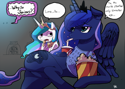 Size: 1200x848 | Tagged: safe, artist:cakewasgood, princess celestia, princess luna, alicorn, pony, batman, desperation, dialogue, draw me like one of your french girls, eating, food, magic shirt, movie, need to pee, omorashi, on side, pink floyd, plot, popcorn, potty dance, potty emergency, potty time, scared, television, the dark knight, the dark side of the moon, the joker, trotting in place