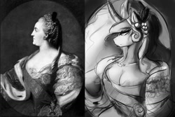 Size: 1500x1000 | Tagged: safe, artist:thelunarmoon, princess celestia, anthro, human, breasts, bust, catherine the great, cleavage, female, fine art parody, monochrome, portrait