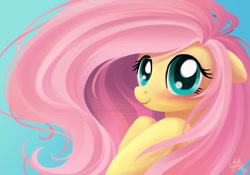 Size: 929x649 | Tagged: safe, artist:joellethenose, fluttershy, pegasus, pony, cute, female, floppy ears, gradient background, looking at you, mare, shyabetes, signature, smiling, solo, windswept mane