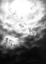 Size: 1500x2110 | Tagged: safe, artist:murphylaw4me, derpy hooves, fluttershy, pinkie pie, rainbow dash, twilight sparkle, twilight sparkle (alicorn), alicorn, pegasus, pony, balloon, cloud, cloudy, dark, female, flying, low angle, mare, monochrome, sky, traditional art, vertigo