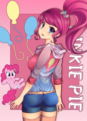 Size: 2500x3500 | Tagged: safe, artist:netamenta, pinkie pie, human, alternate hairstyle, clothes, cute, diapinkes, female, hoodie, humanized, light skin, looking at you, looking back, looking back at you, pinkie pie's cutie mark, ponytail, solo