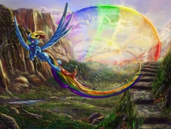 Size: 1584x1188 | Tagged: safe, artist:viwrastupr, rainbow dash, pegasus, pony, detailed, flying, grin, mountain, outdoors, rainbow trail, river, scenery, scenery porn, smiling, solo, sonic rainboom, spread wings, trail, wallpaper