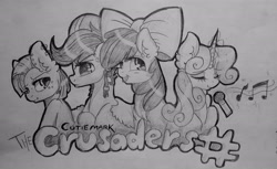 Size: 3137x1921 | Tagged: safe, artist:themoonraven, apple bloom, babs seed, scootaloo, sweetie belle, cutie mark crusaders, monochrome, traditional art