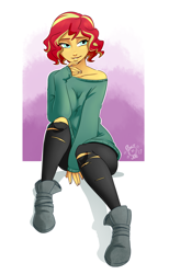 Size: 1600x2600 | Tagged: safe, artist:ponut_joe, sunset shimmer, human, equestria girls, abstract background, adorasexy, alternate hairstyle, beautiful, beautisexy, clothes, cute, female, freckles, hand on chin, leggings, off shoulder, ripped pantyhose, sexy, shimmerbetes, shoes, short hair, smiling, smirk, solo, sweatshirt, uggs