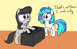 Size: 1953x1239 | Tagged: safe, artist:wafflecakes, dj pon-3, octavia melody, vinyl scratch, earth pony, pony, unicorn, bipedal, bipedal leaning, bowtie, chest fluff, cute, dialogue, leaning, raised hoof, scratchboard, silly, silly pony, simple background, tavibetes, tongue out, vinylbetes, wub