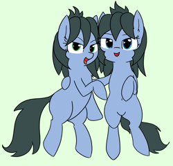 Size: 1722x1650 | Tagged: safe, artist:wafflecakes, oc, oc only, oc:abstract module, oc:reflect decrypt, earth pony, pony, duo, female, green background, looking at you, mare, simple background, smiling, tongue out, twinces, twins