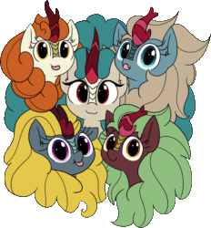 Size: 1523x1641 | Tagged: safe, artist:wafflecakes, autumn blaze, cinder glow, rain shine, sparkling brook, summer flare, winter flame, kirin, :p, :t, animated, awwtumn blaze, blinking, bust, c:, chest fluff, cinderbetes, cute, female, fluffy, gif, happy, hnnng, kirin mating ritual, kirinbetes, looking at you, mlem, one of these things is not like the others, portrait, raspberry, shineabetes, silly, simple background, smiling, tongue out, transparent background, wafflecakes is trying to murder us, weapons-grade cute, wrong neighborhood