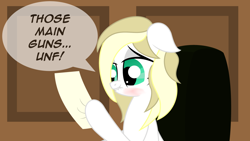 Size: 1280x720 | Tagged: safe, artist:anonymousdrawfig, oc, oc only, oc:breta, earth pony, pony, aryan, aryan pony, blonde, blushing, marine, nazipone, office, paper, photo, reading, solo, text