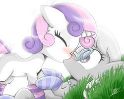 Size: 1007x811 | Tagged: safe, artist:the-butch-x, silver spoon, sweetie belle, earth pony, pony, unicorn, blushing, clothes, duo, eyes closed, female, filly, glasses, grass, jewelry, kissing, lesbian, necklace, on back, pearl necklace, socks, striped socks, surprise kiss, surprised