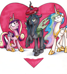 Size: 2394x2658 | Tagged: safe, artist:mattings, princess cadance, princess celestia, queen chrysalis, alicorn, changeling, changeling queen, pony, female, heart, hearts and hooves day, horn impalement, mare, queen chrysalis is not amused, stifling laughter, traditional art, unamused, wavy mouth