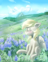 Size: 772x990 | Tagged: safe, artist:mewball, derpy hooves, pegasus, pony, cloud, cloudy, cute, derpabetes, female, mare, scenery, solo