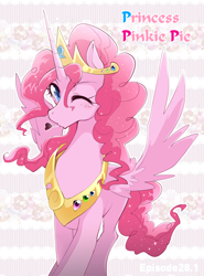 Size: 600x810 | Tagged: safe, artist:namagakiokami, artist:yuki-zakuro, pinkie pie, alicorn, pony, alicornified, heart, jewelry, pink text, pinkiecorn, princess pinkie pie, race swap, regalia, solo, text, wink, xk-class end-of-the-world scenario