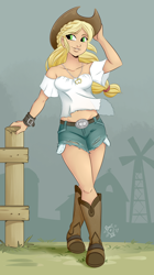Size: 1600x2850 | Tagged: safe, artist:ponut_joe, applejack, human, applejack's hat, armpits, belly button, belt, boots, bracelet, braid, clothes, cowboy boots, cowboy hat, cuff, cute, daisy dukes, female, hat, humanized, jackabetes, jewelry, looking away, midriff, necklace, see-through, shoes, short jeans, shorts, smiling, solo, torn clothes, windmill, wristband