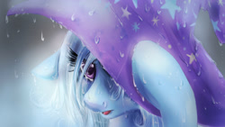 Size: 1920x1080 | Tagged: safe, artist:dream--chan, trixie, pony, unicorn, crying, female, hat, mare, portrait, rain, sad, solo, tears in rain