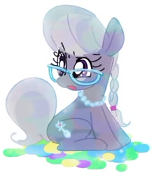 Size: 364x419 | Tagged: safe, artist:nmnkgskds, silver spoon, earth pony, pony, female, filly, glasses, necklace, open mouth, pearl necklace, pixiv, sitting, solo