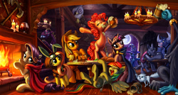 Size: 2240x1200 | Tagged: safe, artist:harwick, ahuizotl, applejack, fluttershy, garble, gilda, iron will, pinkie pie, rainbow dash, rarity, rover, trixie, twilight sparkle, bird, cat, diamond dog, dragon, earth pony, griffon, pegasus, pony, unicorn, ahuizotl's cats, axe, bedroom eyes, bipedal, bread, bunny ears, candle, cape, chandelier, cider, cloak, clothes, dangerous mission outfit, drinking, eyes closed, female, fireplace, fork, frown, glare, goggles, headband, knife, laughing, looking at you, male, mane six, mare, mitsy, moon, night, on back, open mouth, prone, raised eyebrow, sitting, smiling, smirk, spread wings, tavern, wine, wings, wood