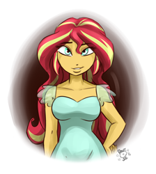 Size: 1280x1431 | Tagged: safe, artist:ponut_joe, sunset shimmer, equestria girls, clothes, cute, female, hand on hip, looking at you, questionable source, shimmerbetes, smiling, solo