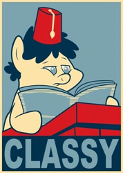 Size: 753x1060 | Tagged: safe, artist:azdaracylius, ponerpics import, truffle shuffle, earth pony, pony, background pony, classy, colt, fez, hat, hope poster, male, newspaper, poster, reading, shepard fairey, solo