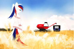 Size: 1200x793 | Tagged: safe, artist:kejifox, oc, oc only, oc:marussia, pony, bipedal, clothes, combine harvester, field, food, nation ponies, russia, russian, solo, truck, wheat, wheat field