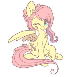 Size: 500x505 | Tagged: safe, artist:indiefoxtail, fluttershy, pegasus, pony, alternate hairstyle, askbattyshy, chest fluff, cute, eye clipping through hair, female, looking at you, mare, one eye closed, one wing out, outline, raised hoof, shyabetes, simple background, sitting, smiling, solo, spread wings, three quarter view, transparent background, unshorn fetlocks, white outline, wings, wink