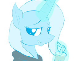 Size: 1066x839 | Tagged: safe, artist:dazed-and-wandering, trixie, pony, unicorn, clothes, drink, female, hoodie, mare, smirk, solo