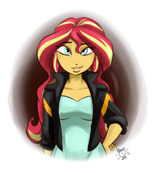 Size: 1280x1431 | Tagged: safe, artist:ponut_joe, sunset shimmer, equestria girls, clothes, cute, derp, dress, female, hand on hip, jacket, looking at you, questionable source, shimmerbetes, smiling, solo