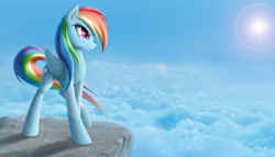 Size: 1944x1111 | Tagged: safe, artist:zigword, rainbow dash, pegasus, pony, cliff, cloud, female, lens flare, mare, solo