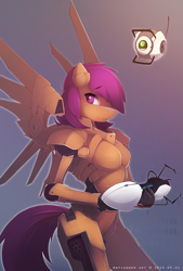 Size: 1483x2197 | Tagged: safe, artist:antiander, scootaloo, anthro, android, crossover, female, gynoid, personality core, portal (valve), portal gun, rick, scootabot, solo