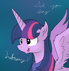 Size: 1281x1314 | Tagged: safe, artist:dazed-and-wandering, twilight sparkle, twilight sparkle (alicorn), alicorn, pony, adorkable, cute, dork, female, fluffy, library, mare, open mouth, smiling, solo, spread wings, wingboner, wingding eyes