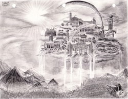 Size: 3268x2520 | Tagged: safe, artist:josh-5410, cloud, cloudsdale, cloudy, crepuscular rays, flower, forest, grayscale, high res, monochrome, mountain, mushroom, no pony, pencil drawing, rainbow, scenery, scenery porn, sun, traditional art, tree, tree stump, waterfall
