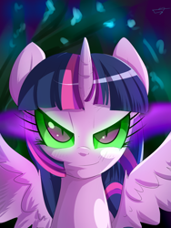 Size: 1500x2000 | Tagged: safe, artist:kyodashiro, twilight sparkle, twilight sparkle (alicorn), alicorn, pony, bust, corrupted, corrupted twilight sparkle, dark magic, female, magic, mare, solo, sombra eyes, spread wings, tyrant sparkle, wings