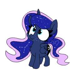 Size: 279x278 | Tagged: safe, artist:wafflecakes, princess luna, alicorn, pony, chest fluff, chibi, constellation freckles, cute, female, filly, freckles, lunabetes, smiling, smol, solo, woona, younger