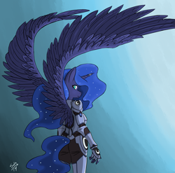 Size: 1405x1387 | Tagged: safe, artist:overkenzie, princess luna, alicorn, anthro, armor, looking at you, looking back, solo, spread wings, warrior luna