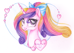 Size: 2969x2126 | Tagged: safe, artist:vird-gi, princess cadance, alicorn, pony, hair bow, looking at you, ponytail, smiling, solo, traditional art