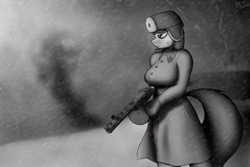 Size: 1920x1280 | Tagged: safe, artist:devs-iratvs, octavia melody, anthro, big breasts, breasts, clothes, female, grayscale, gun, monochrome, ppsh-41, snow, snowfall, solo, soviet, weapon, world war ii