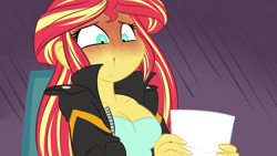 Size: 1280x720 | Tagged: safe, artist:ponut_joe, sunset shimmer, equestria girls, blood, blushing, cleavage, cropped, female, nosebleed, questionable source, reaction image, single panel, solo, wide eyes