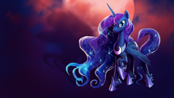 Size: 1920x1080 | Tagged: safe, artist:makkon, princess luna, alicorn, pony, eclipse, ethereal mane, female, hoof shoes, horn, jewelry, looking at you, lunar eclipse, raised hoof, regalia, smiling, solo, sparkles, wallpaper, wings