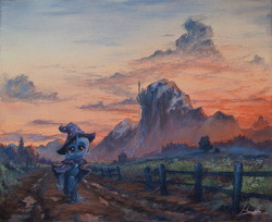 Size: 2636x2154 | Tagged: safe, artist:huussii, trixie, pony, unicorn, canterlot, canterlot mountain, cloud, cloudy, cute, diatrixes, dusk, female, fence, flower, mare, mountain, oil painting, road, scenery, solo, sunset, traditional art, tree, twilight (astronomy), waterfall