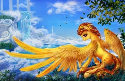 Size: 1200x776 | Tagged: safe, artist:viwrastupr, spitfire, looking at you, scenery, sitting, smiling, solo, underhoof, waterfall