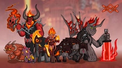Size: 1920x1080 | Tagged: safe, artist:alevgor, cerberus (character), lord tirek, cerberus, demon, demon pony, diamond dog, dog, succubus, arch devil, collar, crossover, dog collar, fire, heroes of might and magic, imp, inferno, mane of fire, multiple heads, nightmare, pit lord, ponified, spiked collar, sword, three heads, weapon