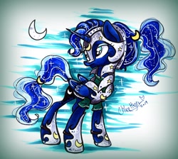 Size: 1530x1371 | Tagged: safe, artist:frostykat13, princess luna, alicorn, pony, alternate hairstyle, armor, crescent moon, frown, looking back, moon, ponytail, solo, sparkles, traditional art, warrior luna