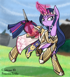 Size: 1000x1100 | Tagged: safe, artist:thattagen, twilight sparkle, armor, bedroom eyes, clothes, crossover, dress, frown, horn jewelry, horn ring, hyrule warriors, jewelry, looking at you, magic, princess zelda, running, solo, sword, telekinesis, the legend of zelda, twizelda, warrior twilight sparkle, weapon