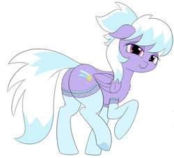 Size: 1206x1096 | Tagged: safe, artist:wafflecakes, cloudchaser, pegasus, pony, adorasexy, bedroom eyes, blue gloves, blue mane, blue stockings, blue tail, butt, chest fluff, clothes, cute, cutie mark, ears, female, floppy ears, gloves, grin, lidded eyes, looking at you, mare, plot, purple coat, purple eyes, raised hoof, sexy, sheepish grin, side view, simple background, smiling, smiling at you, socks, solo, stockings, teeth, thigh highs, two toned mane, two toned tail, white background