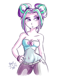 Size: 1280x1536 | Tagged: safe, artist:ponut_joe, aria blaze, human, equestria girls, alternate hairstyle, bare shoulders, belly button, clothes, female, hair bun, hand on hip, midriff, odango, pants, see-through, simple background, sleeveless, solo, strapless, white background
