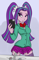 Size: 1244x1893 | Tagged: safe, artist:ponut_joe, color edit, edit, aria blaze, equestria girls, bowtie, cellphone, clothes, female, mirror, phone, selfie, sink, skirt, solo, uniform, zettai ryouiki